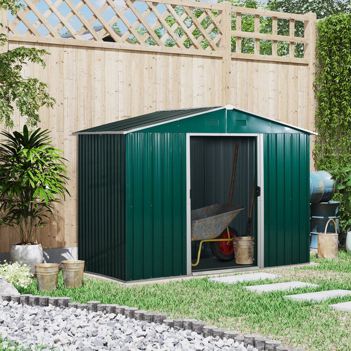 Corrugated Steel Garden Shed 8x6 ft - Spacious Metal Storage with Ventilation & Sliding Doors, Green - Ideal for Outdoor Tools and Equipment Shelter