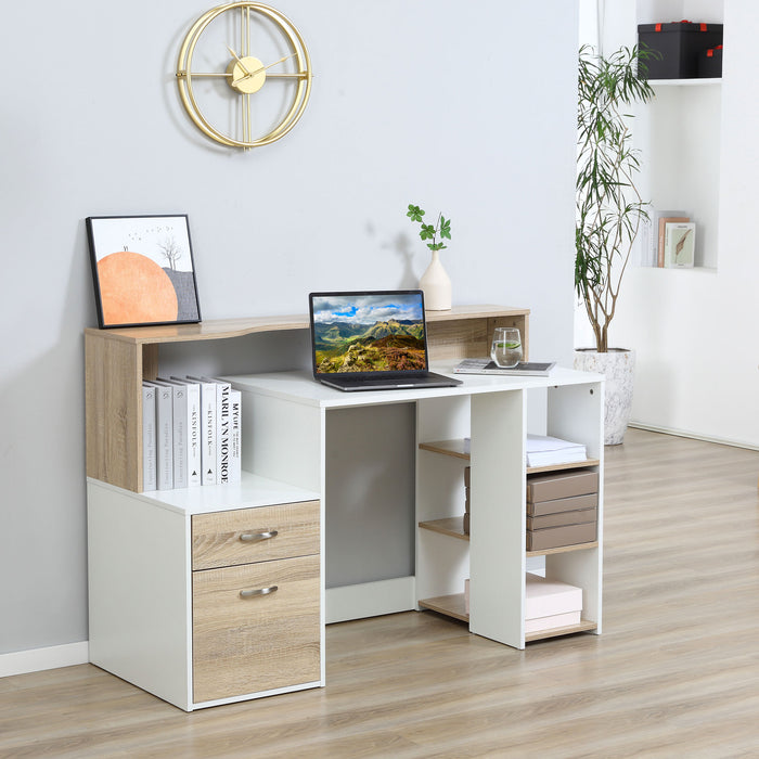 Modern Oak and White Computer Desk - Home Office Writing Workstation with Printer Shelf, Storage Drawer & Shelves - Ideal for Remote Work and Study Spaces