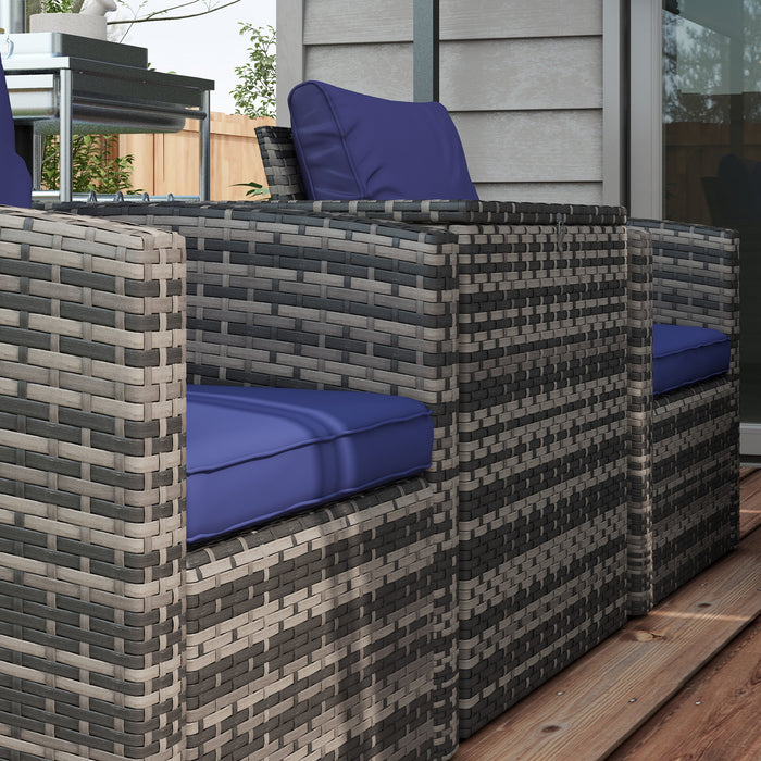 Outdoor Rattan 6-Piece Sofa Set - Wicker Sectional Patio Conversation Furniture with Storage Table and Navy Blue Cushions - Ideal for Garden and Poolside Lounging