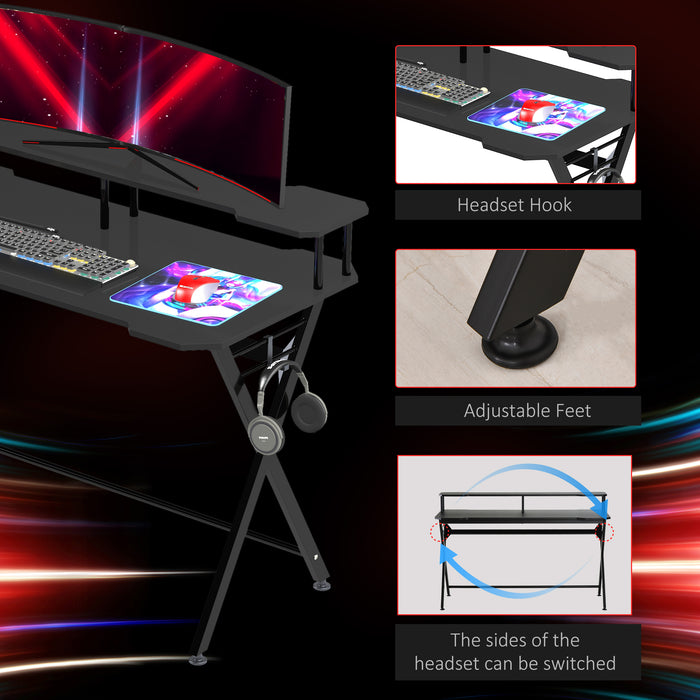 Gaming Racing Desk with Curved Front - Sturdy Workstation with Headphone Hook and Adjustable Feet - Ideal for Gamers and Home Office Setup