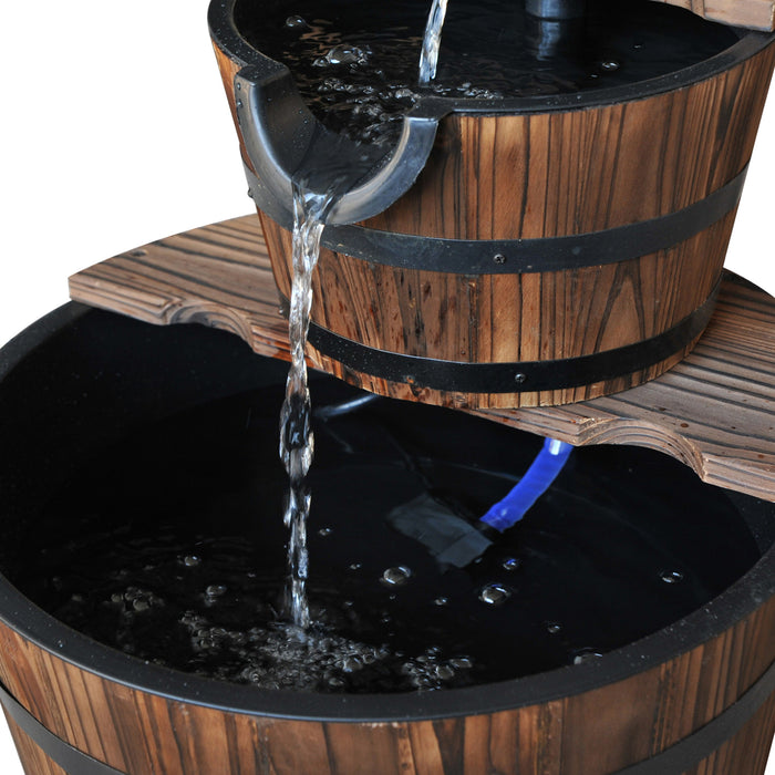 Rustic Barrel-Designed Water Fountain - Wooden 2-Tier Cascading Water Pump Feature for Gardens and Decks - Outdoor Relaxation and Ambient Decor