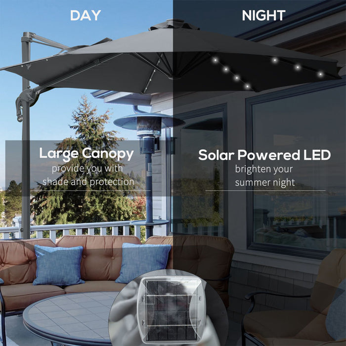 Outdoor Patio Sun Umbrella - 3m Grey Canopy with Crank, Tilt, LED Solar Lighting & Cross Base - 360° Rotation for Backyard Comfort and Entertaining