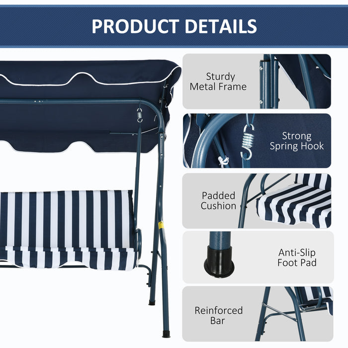 Outdoor 3-Seater Swing Bench with Adjustable Canopy - Blue Striped Garden Chair, Durable Metal Frame - Relaxation and Comfort for Patio or Yard