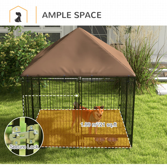 Heavy-Duty Outdoor Dog Kennel and Puppy Play Pen - Garden Playpen Fence with Canopy, Enclosure Cage, and Rotating Bowl - Perfect for Pet Safety and Playtime, 141 x 141 x 151 cm