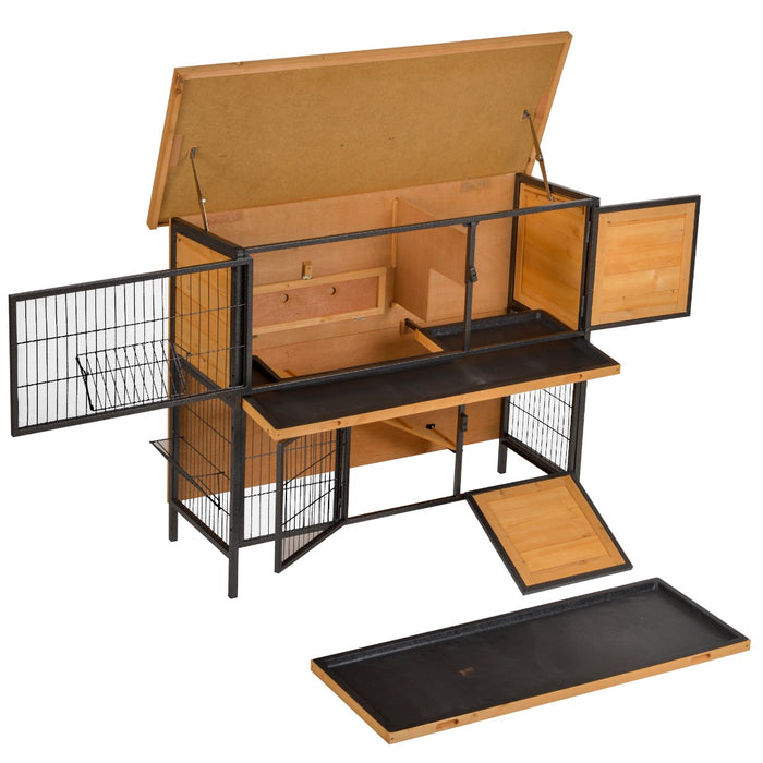 2-Floor Wooden Guinea Pig Hutch with Metal Frame - Bunny Cage with Slide-Out Tray, Feeding Trough, Ramp & Lockable Door - Easy Access Openable Roof for Small Pet Comfort & Security