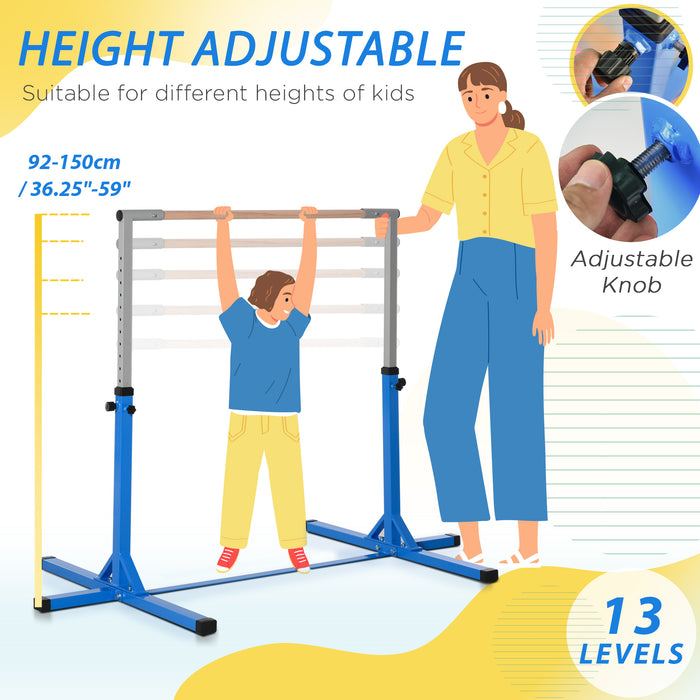 Kids' Gymnastics Training Bar - Height Adjustable, Steel Frame with Wooden Bar, Blue - Perfect Home Gym for Junior Gymnasts