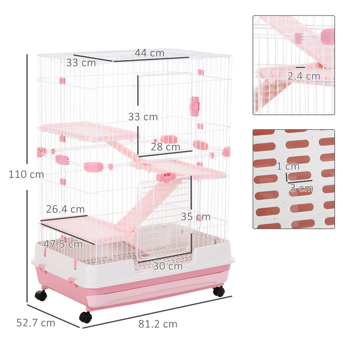 Multi-Level Small Pet Habitat with Wheels - 4-Tier Cage for Bunnies, Ferrets, Chinchillas - Easy Mobility & Cleaning with Removable Tray in Pink