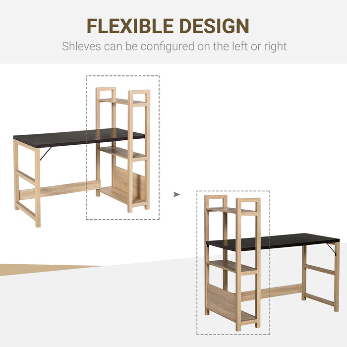 L-Shaped Corner Desk with Shelves - Ergonomic Writing and Laptop Table, Black Wood Grain Finish - Ideal for Home Office and Workstation Setup