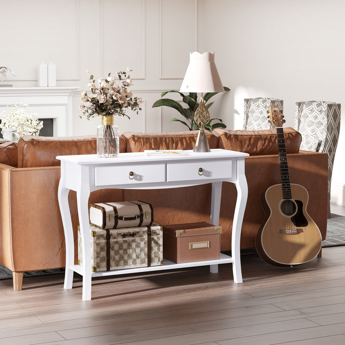 Modern Ivory White Console Table - Sofa Side Desk with Storage, Shelves & Drawers - Ideal for Living Room, Entryway & Bedroom Organization