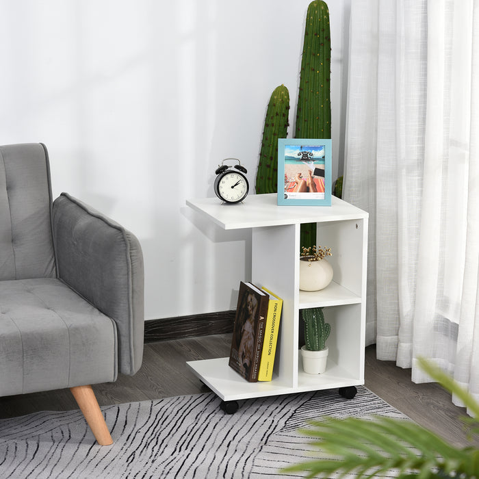 C-Shape Side Table with Storage - Freestanding End Table with 2 Shelves and 4 Wheels - Ideal for Home Office, Studio Organization in White