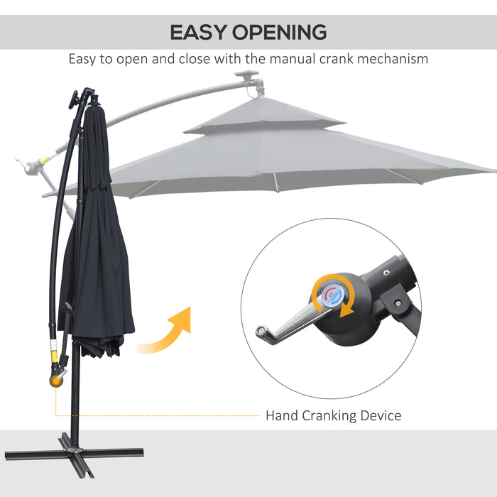 Cantilever Banana Parasol with Solar LED Lights - Double Roof Hanging Umbrella, Crank Operation, 8 Ribs, Cross Base - Ideal for Outdoor Relaxation and Night Use