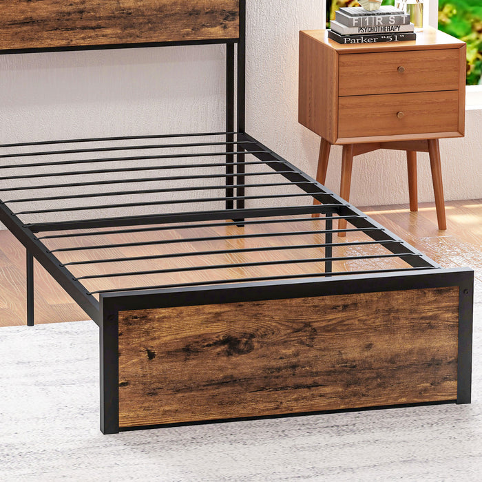 Industrial-Style Single Bed Frame - 3.1FT Steel Base with Storage Headboard and Footboard, Ample Under Bed Space - Ideal for Space-Saving & Rustic Brown Bedroom Decor