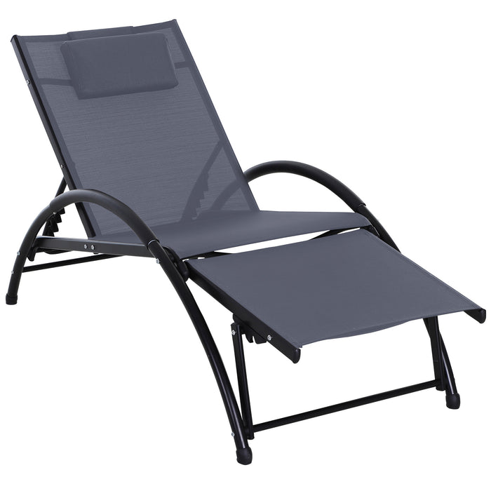 Adjustable Aluminum Sun Lounger with Half Circle Armrest - Textilene Seat & Pillow, Head & Footrest for Garden Patio - Grey Outdoor Relaxation Chair for Comfort & Leisure