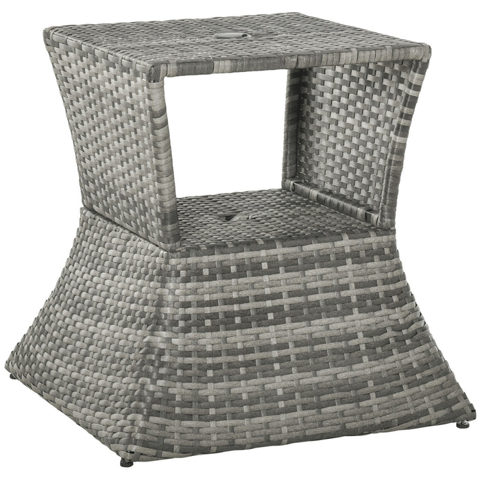 Outdoor Rattan Wicker Bistro Coffee Table with Umbrella Hole - Grey Patio Side Table with Storage Space - Ideal for Deck, Garden & Poolside Entertaining