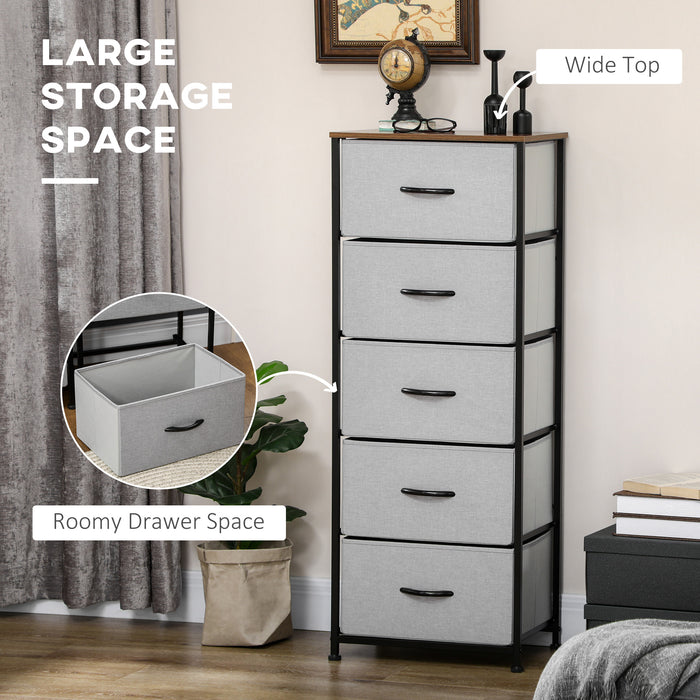 Industrial Bedroom Dresser with 5 Fabric Drawers - Steel Frame and Wooden Top Storage Solution - Ideal for Nursery and Living Room, Grey Color