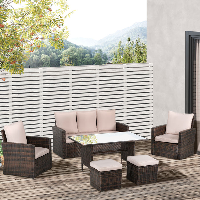 Outdoor 6-Piece PE Rattan Dining Set - Wicker Patio Furniture with Tempered Glass Table & Cushions - Stylish Mixed Brown Ensemble for Garden & Backyard Entertaining