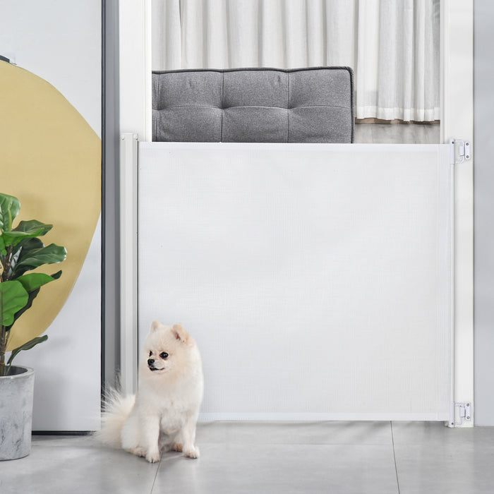 Retractable Stair Gate - 115 x 82.5 cm White Dog Pet Barrier for Doorways, Stairs, and Hallways - Ideal Safety Solution for Home Pets