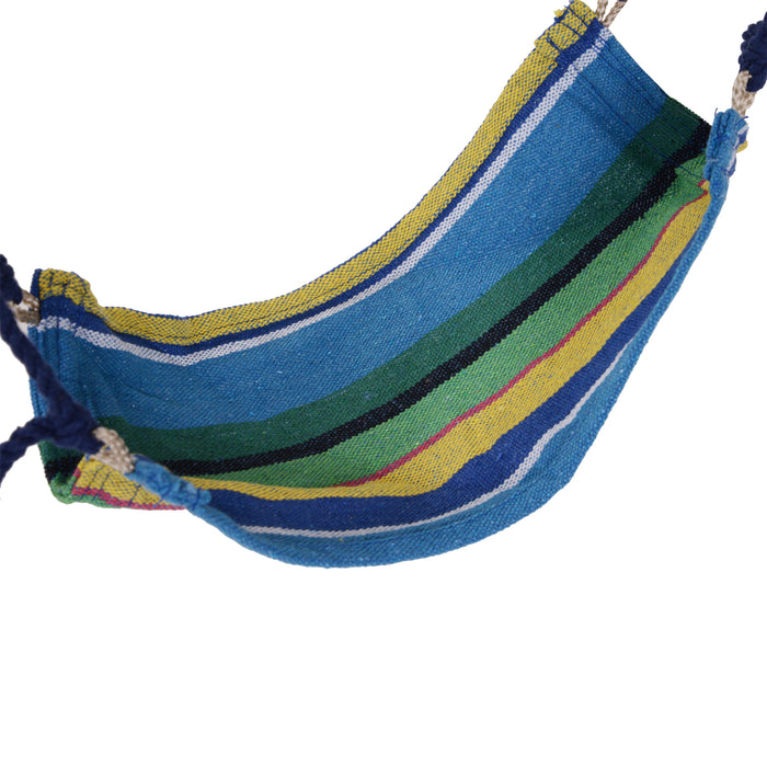 Outdoor Cotton Rope Hammock Chair - Blue Striped Patio Swing Seat with Wooden Footrest - Ideal for Garden, Yard, and Deck Relaxation