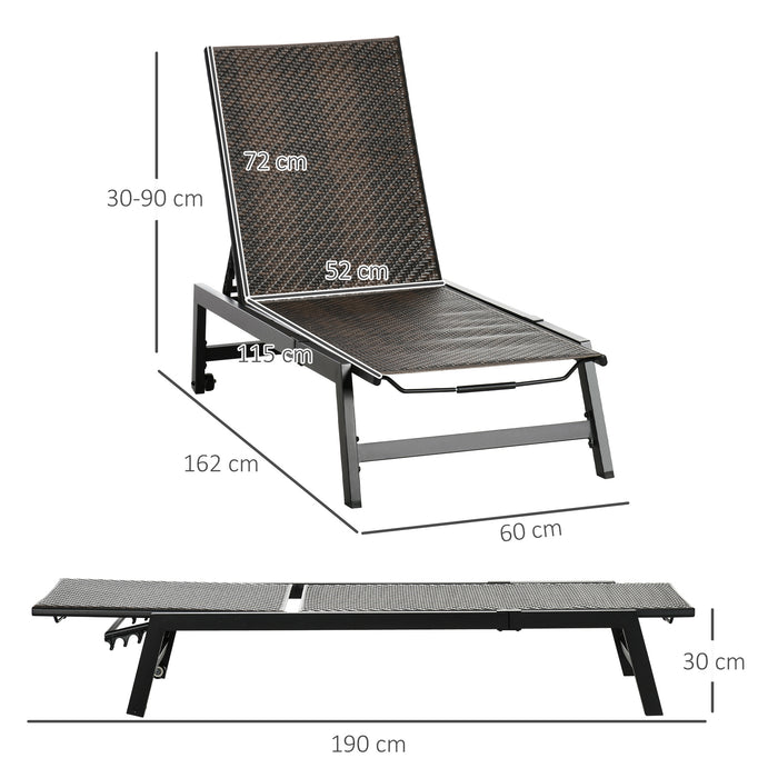 Rattan Sun Lounger with Wheels and Adjustable Backrest - Outdoor Wicker Patio Chaise Lounge Chair, 5-Position Comfort - Ideal for Sunroom, Garden, Poolside Lounging