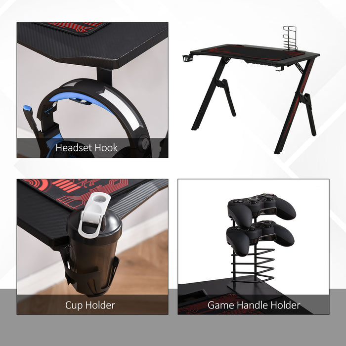 Racing Style Gaming Desk with Game Handle Rack - Cup Holder, Headset Hook & Sturdy Spider Legs - Ideal Workstation for Gamers and Students