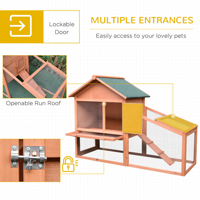 2 Tier Rabbit Hutch with Ramp - Solid Wood Bunny House, Water-Resistant Asphalt Roof, Sliding Tray, 144x64.5x100 cm, Red/Brown - Ideal for Small Pet Security and Comfort