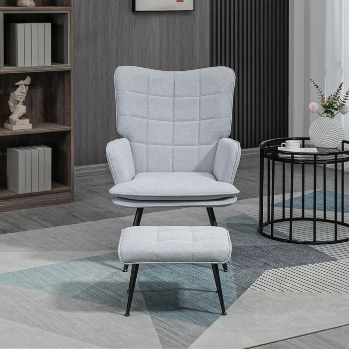 Linen Accent Armchair and Footstool Set - Comfortable Living Room & Bedroom Lounge Chair - Ideal for Home Study and Relaxation, Light Grey