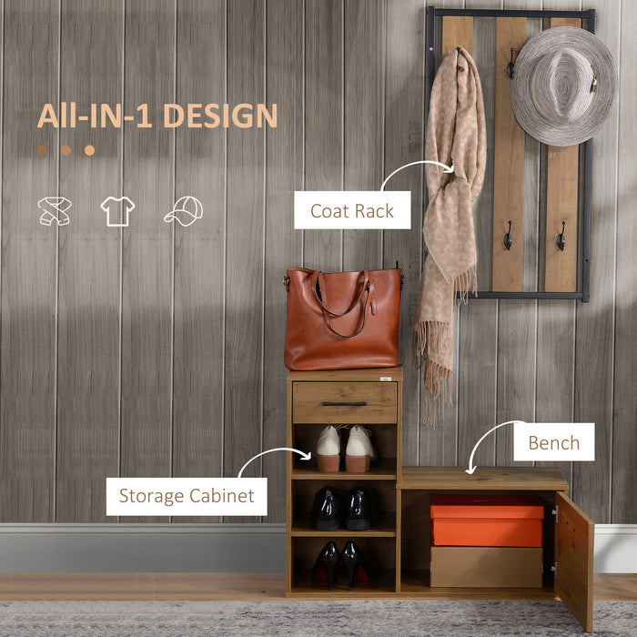 Hallway Organizer Combo - Coat Rack with Shoe Bench, 6 Hooks, Drawer, and Storage Cabinet - Stylish Black and Natural Finish for Home Entryway