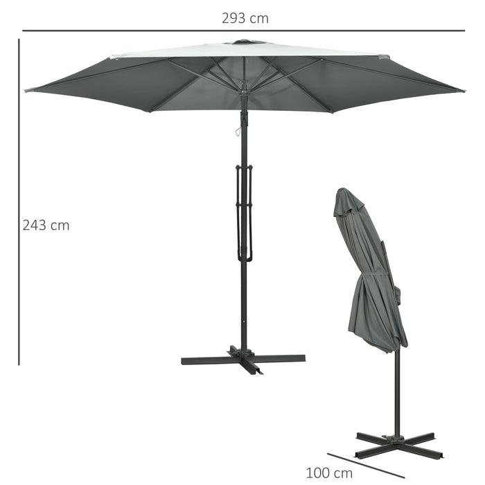 3M Cantilever Parasol with Crank Handle - Sturdy Outdoor Patio Umbrella, 6 Metal Ribs, Cross Base Design - Easy Lever Sun Shade for Gardens, Grey