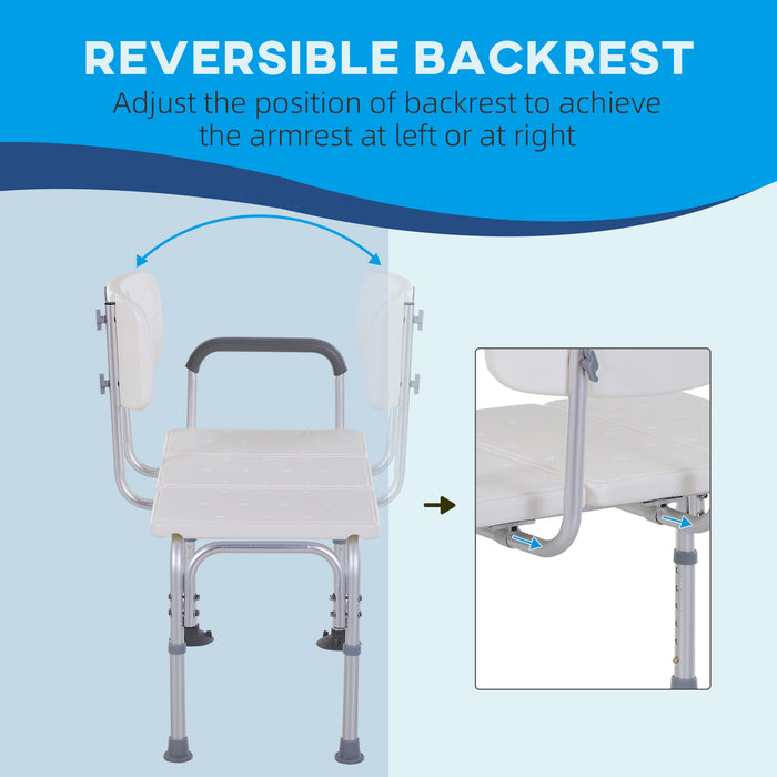 Adjustable Height Bath Bench - Elderly-Friendly Non-Slip Shower Chair with Armrest and Backrest - Ideal for Disabled, 300 lbs Load Capacity, White