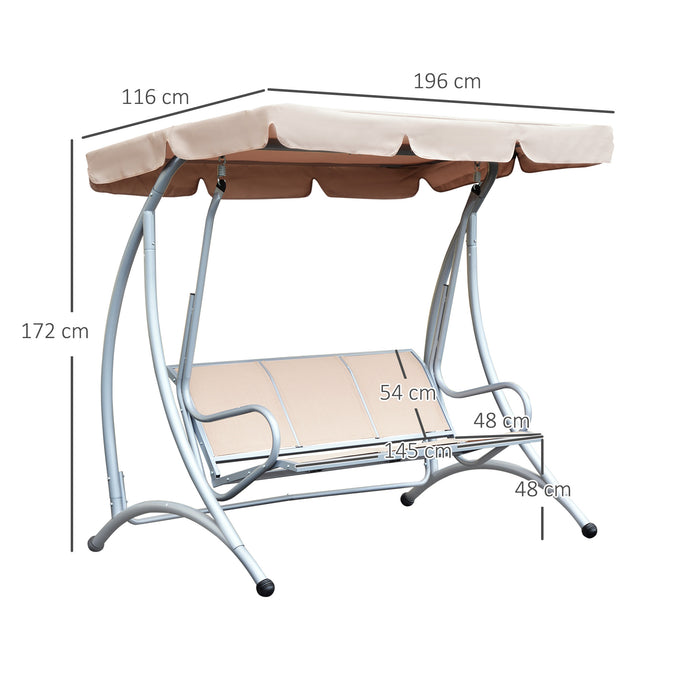 3-Seater Steel Porch Swing Chair with Canopy - Durable Outdoor Patio Bench, Adjustable Top Shade - Comfort Seating for Garden, Deck or Backyard, Beige