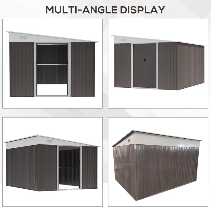 Metal Garden Storage Shed 11x9ft - Sloped Roof, Double Sliding Doors, Dual Air Vents, Grey - Ideal for Outdoor Tools and Equipment Shelter