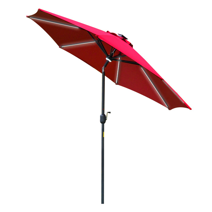 Garden Parasol Sun Umbrella 2.7m with Solar LED Lights - Angled Canopy, Air Vent, and Crank Tilt Features in Vibrant Red - Ideal Summer Patio Shelter for Day and Night