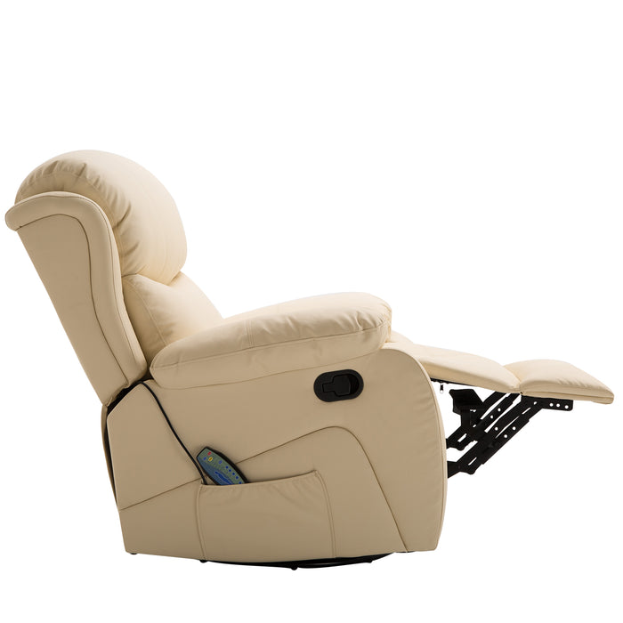 PU Leather Recliner with Heat and Massage - 8-Point Vibrating Recliner with Swivel Base and Footrest - Comfortable Seating Solution for Relaxation and Stress Relief, Beige