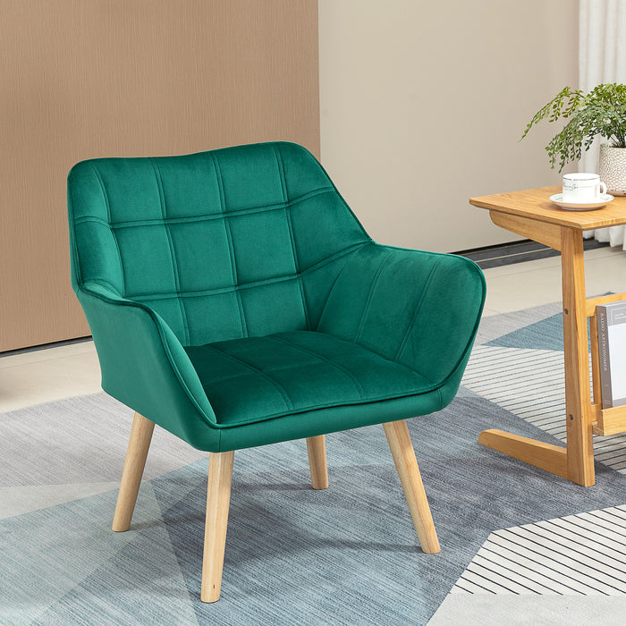 Accent Armchair with Wide Arms - Green Living Room Chair with Slanted Back & Thick Cushioning - Comfortable Seating with Sturdy Rubberwood Legs