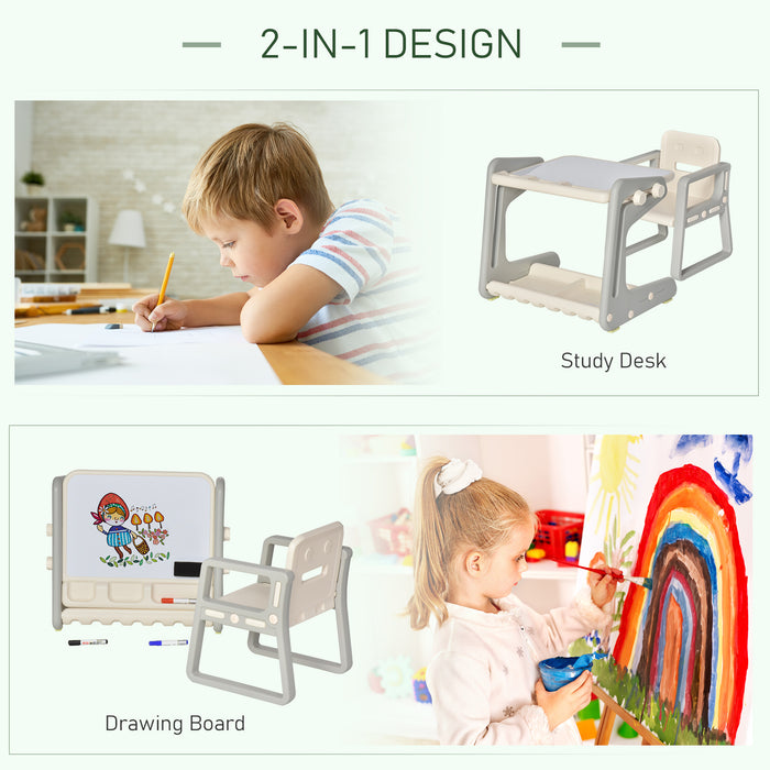 Kids 2-in-1 Study Table and Chair Set - Drawing Board Writing Desk with Whiteboard, Pens, Eraser, Storage - Creative Learning Furniture for Toddlers in Grey/White