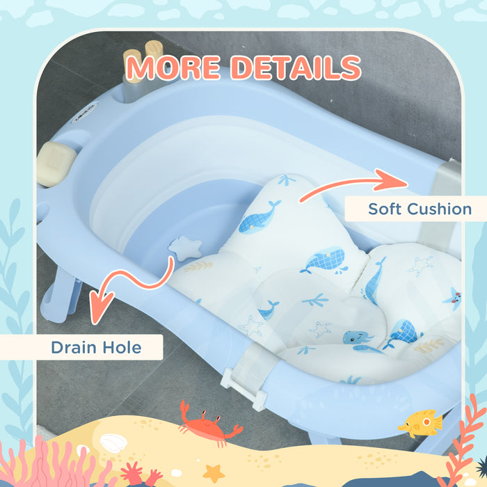 Foldable Baby Bath Tub with Safety Features - Non-Slip, Cushioned, Drain Plug, & Shower Holder - Ideal for Newborns to Toddlers up to 6 Years, Blue