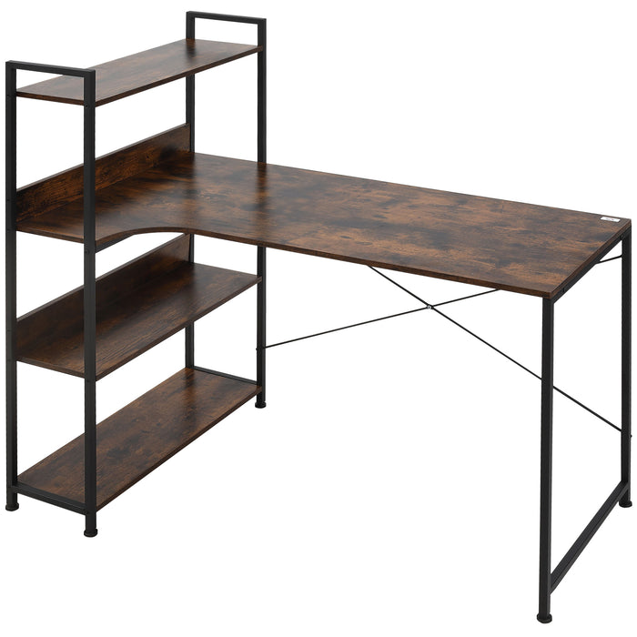 Industrial Style Workstation - Retro Home Office Computer Desk with 4-Tier Storage Shelves and Sturdy Metal Frame - Space-Saving Design for Home Office Organization, Brown