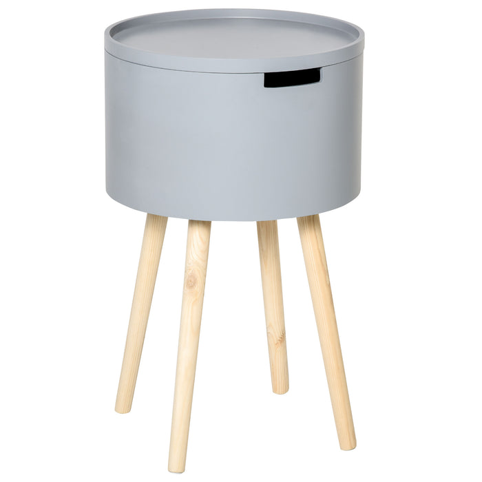 Modern Round Side Table with Hidden Storage - Wood Nightstand with Removable Tray, Grey - Ideal for Living Room or Children's Room Organization