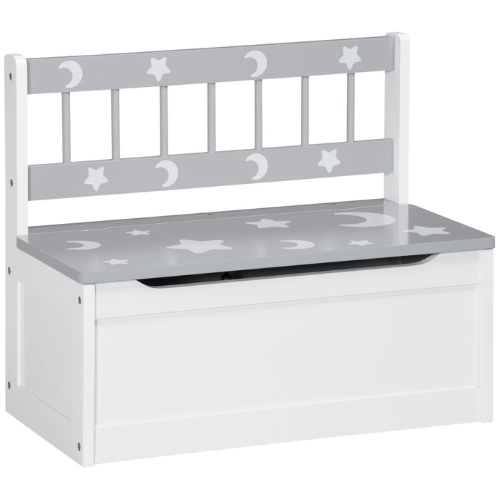 Wooden Toy Box and Bench with Safety Pneumatic Rod - Star & Moon Patterned Kid's Storage Chest in Grey - Space-Saving Solution for Children's Playrooms
