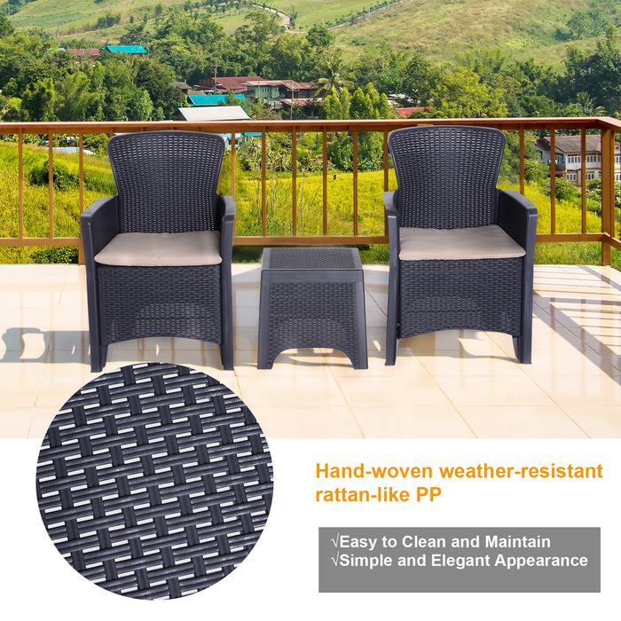 3-Piece Rattan-Effect Bistro Set - Garden Chairs and Coffee Table with Cushions - Perfect for Patio, Lawn, and Balcony in Dark Brown