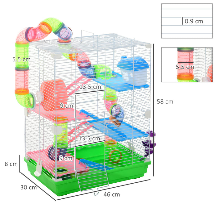 5-Tier Hamster and Dwarf Mice Cage - Multi-Level Habitat with Exercise Wheels, Tunnel Tube, Water Bottle, Food Dishes, and Ladder - Ideal Small Animal House for Fun and Comfort