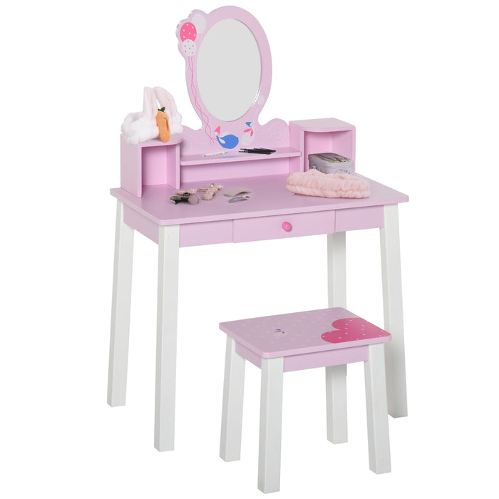 2PCS Wooden Vanity Set for Kids - Girls Dressing Table with Mirror, Stool & Drawers - Playful Makeup Station for Children Over 3 Years, Pink & White