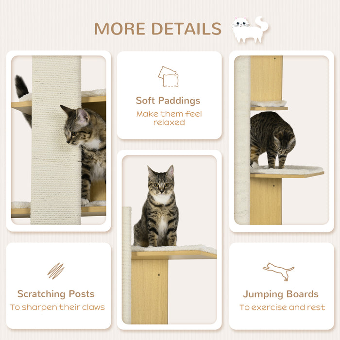 4-Layer Wall-Mounted Oak Cat Tree - Indoor Kitten Perch Climber with Cushions & Scratching Board - Space-Saving Furniture for Playful Cats