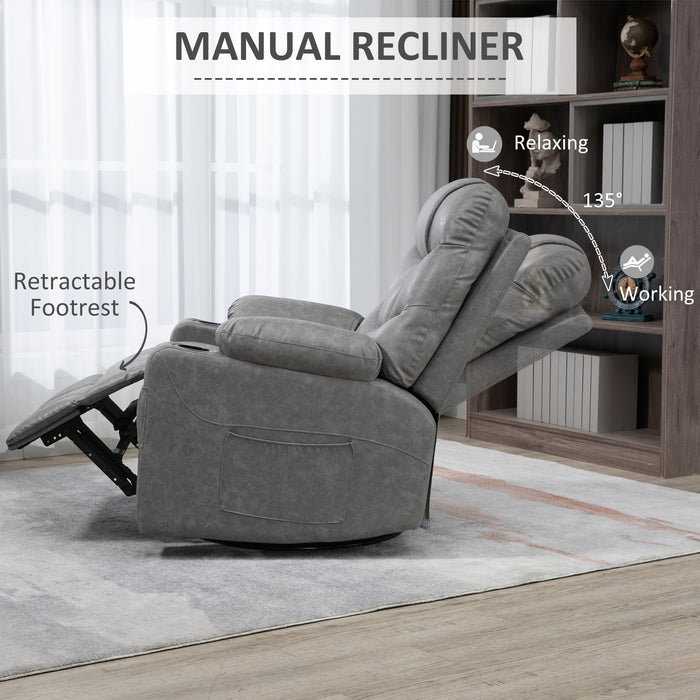 Manual Reclining Armchair with Footrest and Cup Holders - Faux Leather Comfortable Lounger - Ideal for Relaxation and Home Theater Seating, Grey, 86x93x102 cm