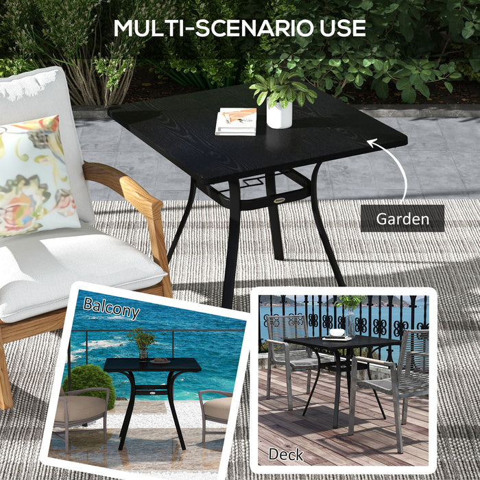 Sturdy Black Steel Garden Table with Metal Top - Foot Pads & Umbrella Hole for Outdoor Use - Ideal for Balcony & Porch Spaces