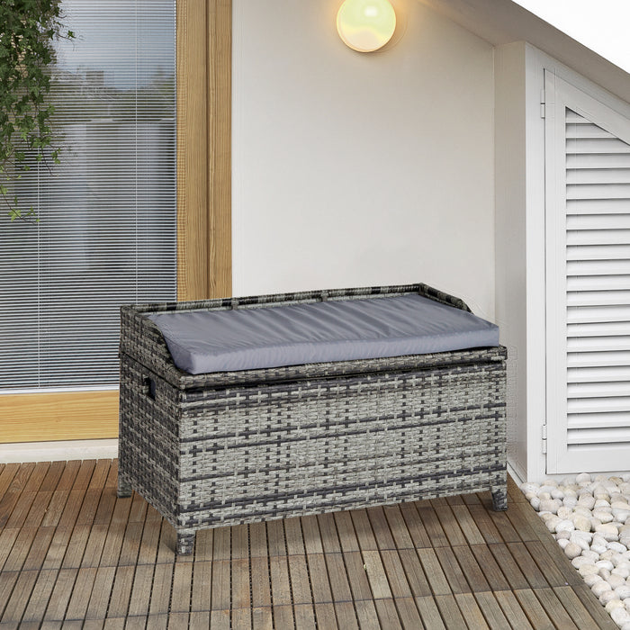 Outdoor Rattan Wicker Storage Bench - Mixed Grey Patio Basket Box with Cushion - Space-Saving Seating Solution for Decks and Gardens