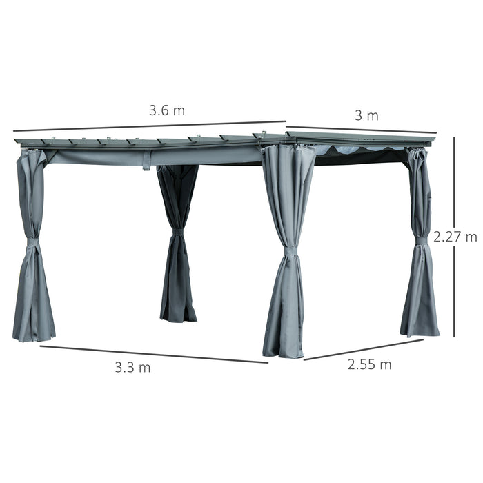 Outdoor Pergola Gazebo with Retractable Canopy 3.6 x 3m - Aluminum Garden Shelter with Sun Shade and Curtains in Dark Grey - Ideal for Parties and Outdoor Relaxation