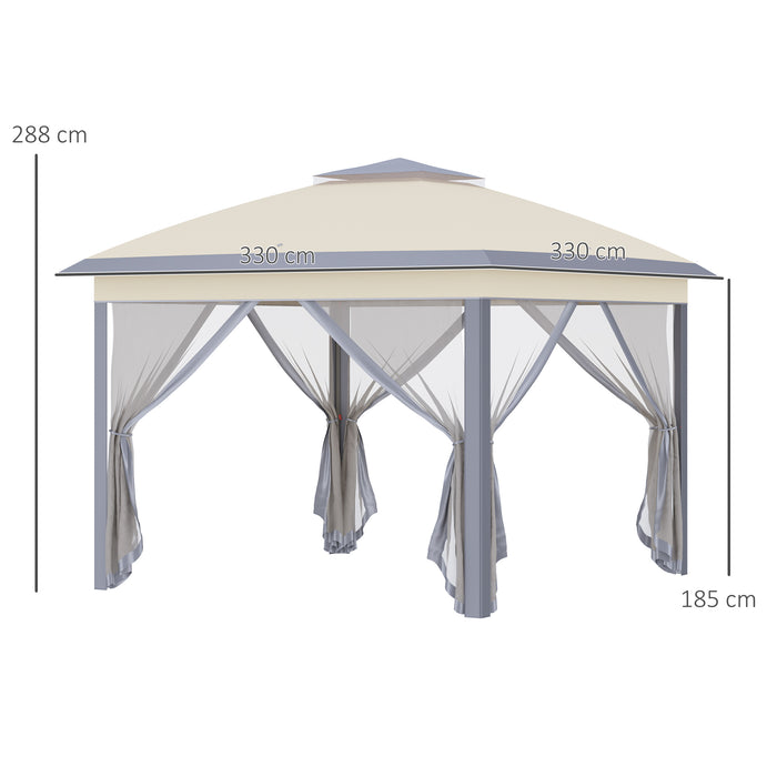 11' x 11' Beige Pop Up Canopy Tent with Double Roof Design - Foldable Structure, Mesh Sidewalls with Zippers, Height Adjustable, Includes Carrying Bag - Perfect for Outdoor Events and Gatherings