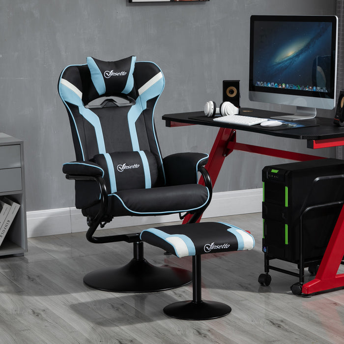 Gaming Recliner Chair with Matching Footrest - Ergonomic Racing Style, Adjustable Headrest & Lumbar Support, Pedestal Base - Ideal for Home Office Comfort in Lake Blue