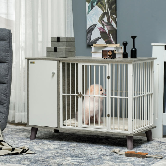 Indoor Pet Kennel Cage with Soft Cushion - Elegant Dog Crate Furniture and End Table Combo, Lockable Door - Stylish Home Accessory for Small Dogs, 98x48x70.5 cm - Grey